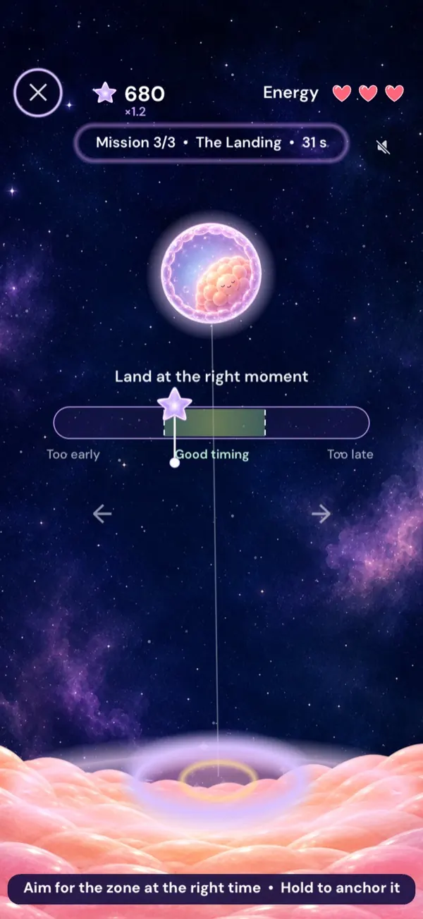 Mission 3 screenshot: the embryo aims for the landing zone