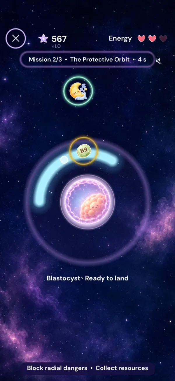 Mission 2 screenshot: a glowing shield rotates around the blastocyst