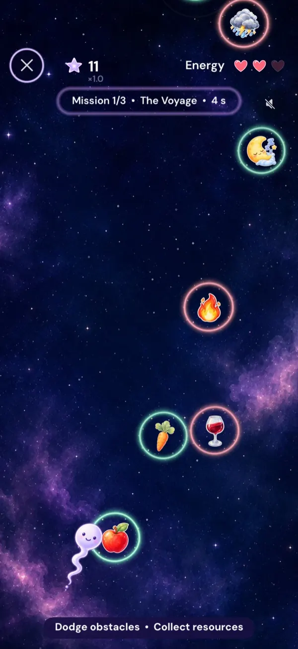 Mission 1 screenshot: the swimmer darts between obstacles in space