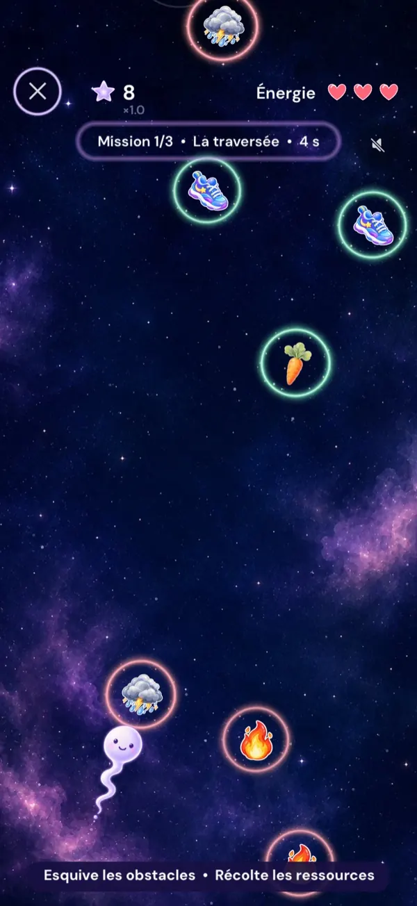 Capture de la mission 1 : le nageur file entre les obstacles dans l'espace